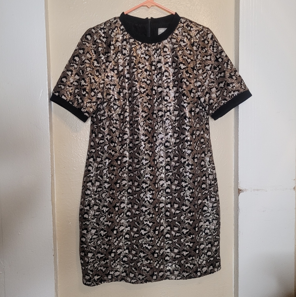 Asos Sequin Dress Sheath Black Gold Party Womens Size 8 Cheetah Print